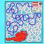 Karta med ett labyrintmönster och en markering för Österrike, inklusive dess nationella symboler och information om Wien