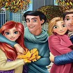 Fyra animerade personer står i en park klädda i höstkläder, med två av dem som håller i en bukett gula löv
