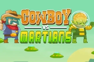 En tecknad cowboy står mot en grön marsian med texten COWBOY VS MARTIANS mellan dem