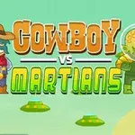 En tecknad cowboy står mot en grön marsian med texten COWBOY VS MARTIANS mellan dem