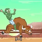 En tecknad zombie rider en tjur i en ökenmiljö med en cowboyhatt i luften och texten 5+1 längst ner