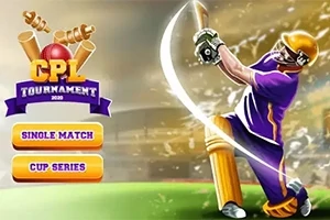En illustration av en cricketspelare i lila uniform som slår en boll med en fladdermus, med en logotyp och alternativ för spelval i bakgrunden