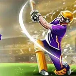 En illustration av en cricketspelare i lila uniform som slår en boll med en fladdermus, med en logotyp och alternativ för spelval i bakgrunden