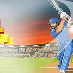 En tecknad illustration av en cricketspelare i blå uniform som svingar ett slagträ på en stadion med texten CPL Tournament i bakgrunden