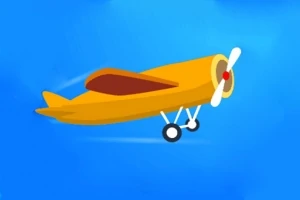 Tecknade bilden visar ett gult propellerflygplan mot en blå bakgrund