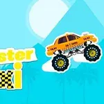 Gul monstertruck-taxi med stora hjul och texten Crayz Monster Taxi mot en bakgrund av blå pyramider och en sol