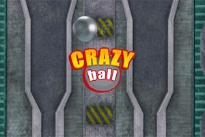 Grå metallisk boll ovanför texten Crazy Ball på en industriell bakgrund med gula och gröna markeringar