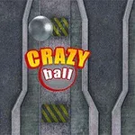 Grå metallisk boll ovanför texten Crazy Ball på en industriell bakgrund med gula och gröna markeringar