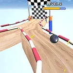 En metallkula rullar längs en träbana mot en svartvit målflagga med texten Level 2