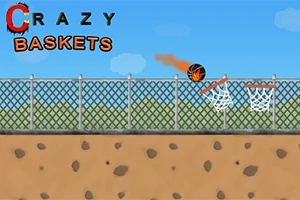 En tecknad bild med en brinnande basketboll som flyger mot en korg bredvid ett staket med texten Crazy Baskets i övre vänstra hörnet
