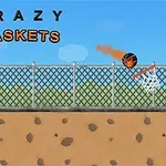 En tecknad bild med en brinnande basketboll som flyger mot en korg bredvid ett staket med texten Crazy Baskets i övre vänstra hörnet
