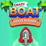 Färgglad illustration med texten Crazy Boat Adventure, en röd båt på vatten och palmer i bakgrunden