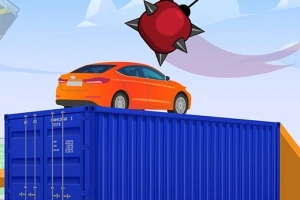 Orange bil på en blå container med en stor röd spikklubba i luften ovanför