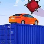 Orange bil på en blå container med en stor röd spikklubba i luften ovanför