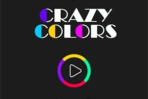 Texten CRAZY COLORS med färgglada cirklar och en play-knapp i multicolors på svart bakgrund