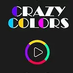 Texten CRAZY COLORS med färgglada cirklar och en play-knapp i multicolors på svart bakgrund