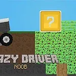 Pikselkonstbild med en figur som kör en bil ovanpå blockiga landskap med texten Crazy Driver Noob