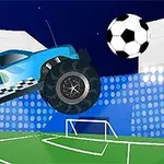 Blå monstertruck hoppar i luften mot en fotboll på en fotbollsplan med ett mål i bakgrunden