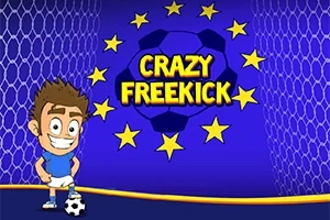 En tecknad figur i blå tröja står bredvid en fotboll på en fotbollsplan med texten Crazy Freekick omgiven av stjärnor i bakgrunden