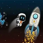 En tecknad astronaut svävar bredvid en raket i rymden med ordet Crazy Gravity i neonstil till vänster