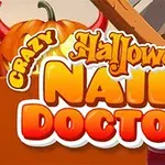 Texten Crazy Halloween Nail Doctor i färgglada bokstäver framför en Halloween-inspirerad bakgrund med pumpor och en byggnad