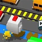En pixlad höna springer bredvid en väg med gula och vita bilar, med texten Crazy Hen i hörnet