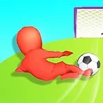 En röd figur glider mot en fotboll framför ett mål på en grön plan