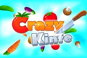 Texten Crazy Knife med en kniv och flygande grönsaker på en blå bakgrund