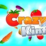 Texten Crazy Knife med en kniv och flygande grönsaker på en blå bakgrund
