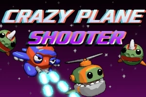 Färgglada tecknade flygfarkoster och monster mot en stjärnbeströdd bakgrund med texten Crazy Plane Shooter
