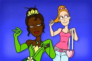 Två tecknade figurer poserar mot en blå bakgrund, den ena klädd i en grön klänning med en tiara, den andra i ett rosa linne och jeans med en hjärtformad väska