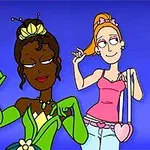 Två tecknade figurer poserar mot en blå bakgrund, den ena klädd i en grön klänning med en tiara, den andra i ett rosa linne och jeans med en hjärtformad väska
