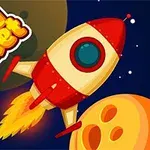 Tecknad röd och gul raket i rymden nära en planet med texten Crazy Rocket
