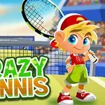 Tecknad blond pojke med röd keps och tennisracket på tennisbana med texten Crazy Tennis i förgrunden