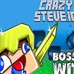 Tecknad figur med gul hjälm och svärd framför en blå bakgrund med text CRAZY STEVE