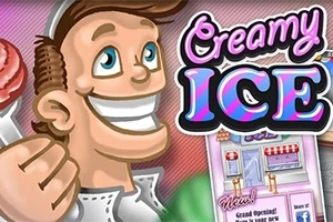 Tecknad man med ett stort leende som håller en glass, med texten Creamy Ice bredvid