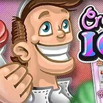 Tecknad man med ett stort leende som håller en glass, med texten Creamy Ice bredvid