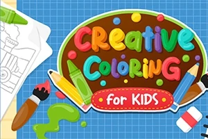 Färgglad illustration med texten Creative Coloring for Kids omgiven av målarverktyg och skisser