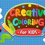 Färgglad illustration med texten Creative Coloring for Kids omgiven av målarverktyg och skisser