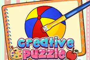 En tecknad bild av en målarbok med en rund färgglad boll, en pensel och texten creative puzzle med dekorativa element som en palett och ett äpple