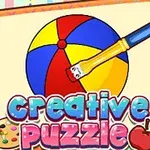 En tecknad bild av en målarbok med en rund färgglad boll, en pensel och texten creative puzzle med dekorativa element som en palett och ett äpple