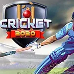 En tecknad cricketspelare i blå kläder slår med ett slagträ, med en stor sköld i bakgrunden