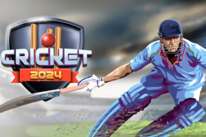 En tecknad figur i blå cricketkläder svingar ett slagträ på en grön cricketplan med en sköld och texten Cricket 2024 i bakgrunden