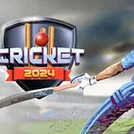 En tecknad figur i blå cricketkläder svingar ett slagträ på en grön cricketplan med en sköld och texten Cricket 2024 i bakgrunden