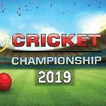 Guldpokal bredvid en röd cricketboll med texten Cricket Championship 2019 på en stadionbakgrund