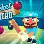 Tecknad karaktär med blå kläder och keps svingar ett slagträ på en cricketplan, omgiven av flygande cricketbollar, med texten Cricket Hero ovanför