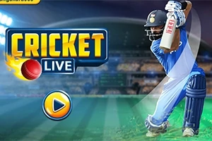 En person i cricketkläder gör ett slag med ett stort Cricket Live-märke och en spelknapp i förgrunden