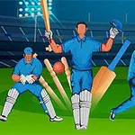 Tre cricketspelare i blå uniform på en stadion med strålkastare, en kastar, en slår och en håller en hjälm