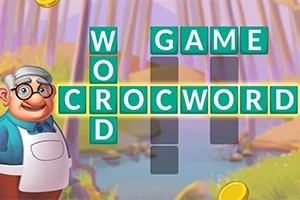 Tecknad äldre man med glasögon och förkläde bredvid ett korsord där orden WORD, CROCWORD, och GAME visas, med en bakgrund av ett skogslandskap