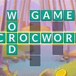 Tecknad äldre man med glasögon och förkläde bredvid ett korsord där orden WORD, CROCWORD, och GAME visas, med en bakgrund av ett skogslandskap